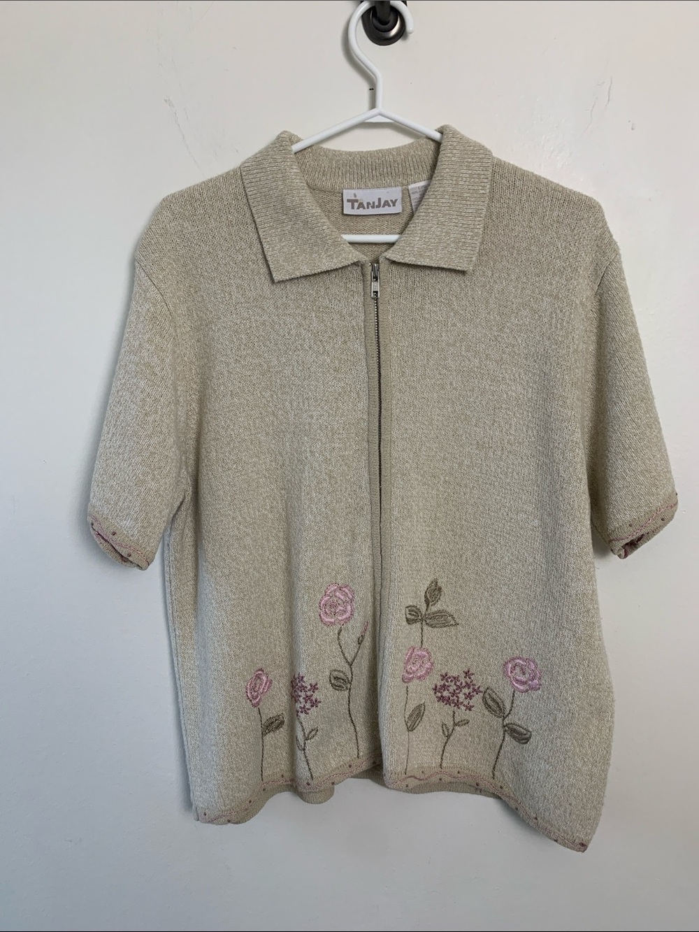 TanJay Vintage Oatmeal Zip-Front Knit Polo with Pink Floral Embroidery